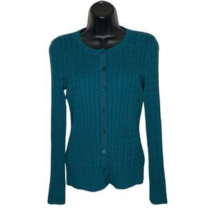 Talbots Cardigan Sweater Women Size P Petite Teal Cable Knit Cotton Wool Preppy